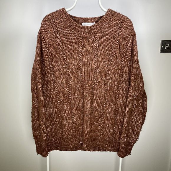 Celtic & Co Cable Knit Crewneck Jumper Chunky Aran 100% Merino Wool Brown Medium - Picture 4 of 12